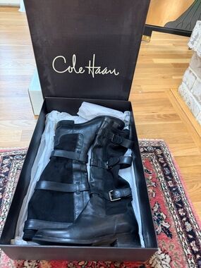 Cole Haan Black Leather and Suede Buckle Knee-High Boots